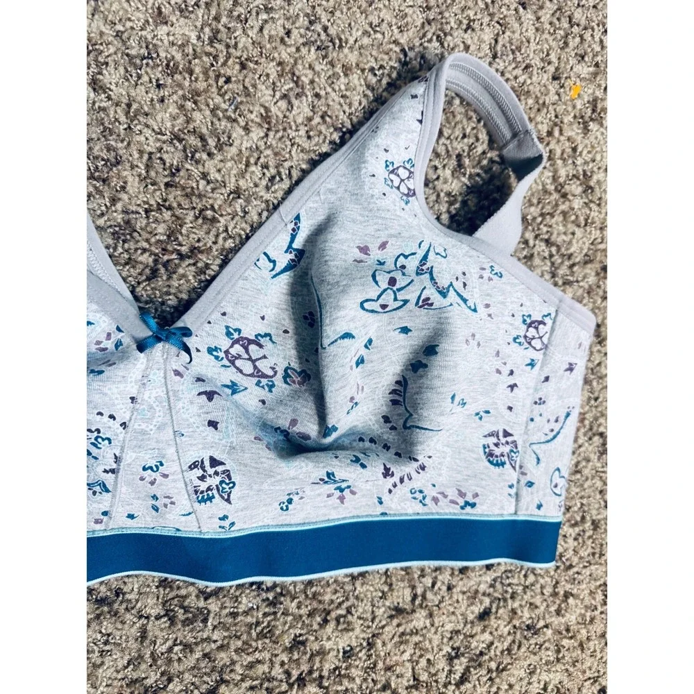Cacique 44DD Unlined Full Coverage Wireless Bra Grey Blue Floral Paisley